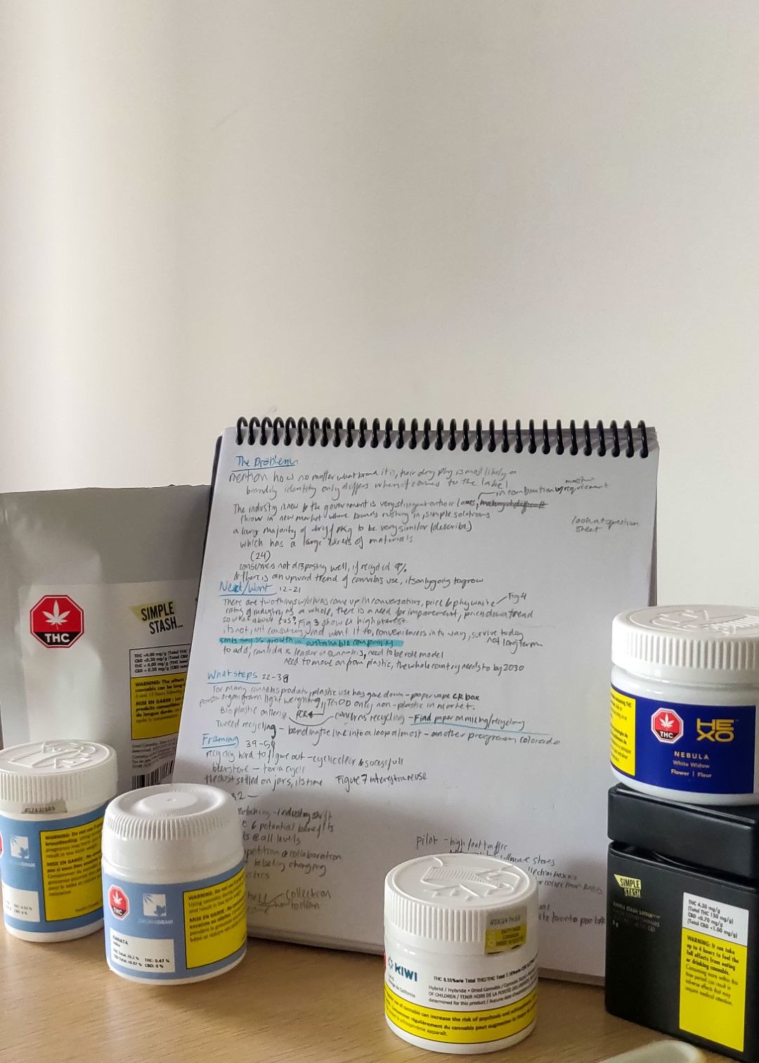 This is an image of my sketchbook outlining the Discussion section of my thesis, surrounded by examples of product packaging at the time.